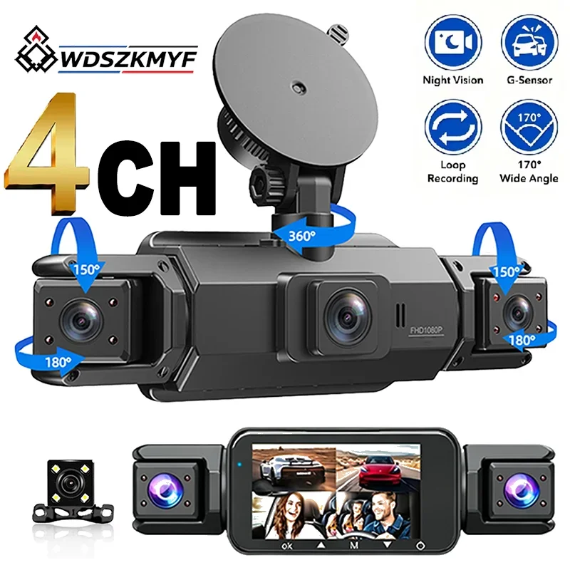 Car Dash Cam 3/4 Channel 360° 1080P HD 4 Lens DVR Camera Night Vision G‑Sensor 24H Parking Motion Loop Record Detection Recorder