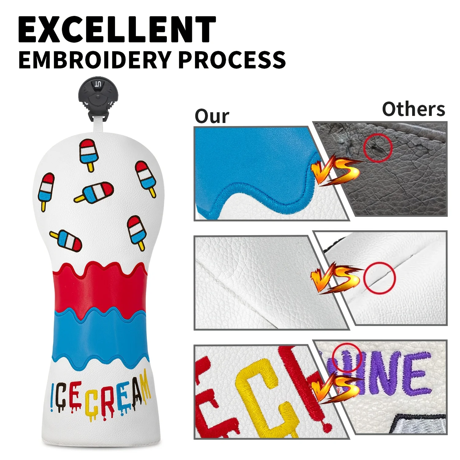 Ice Cream Pattern Golf Club Head Covers - White with Red,  & Yellow Swirls, "ICE CREAM" Design, Durable Golf Accessories image 3