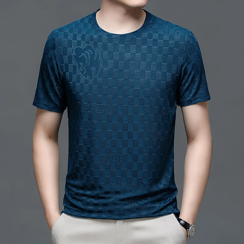 

E-Commerce Men's round Neck Jacquard Short-Sleeved T-shirt Summer New Men's Ice Silk Half Sleeve Top Delivery