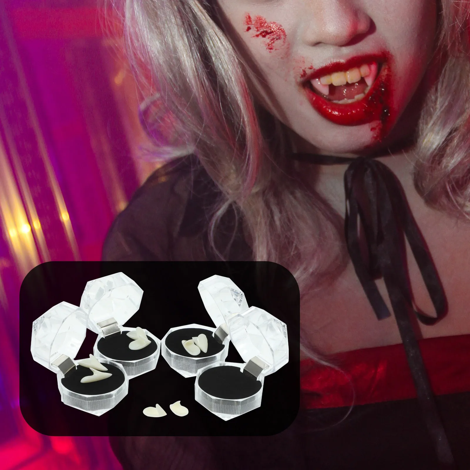 

4Pairs Vampire Teeth Resin Fangs 13mm 15mm 17mm 19mm Halloween Costume Party Props Cosplay Realistic Fangs