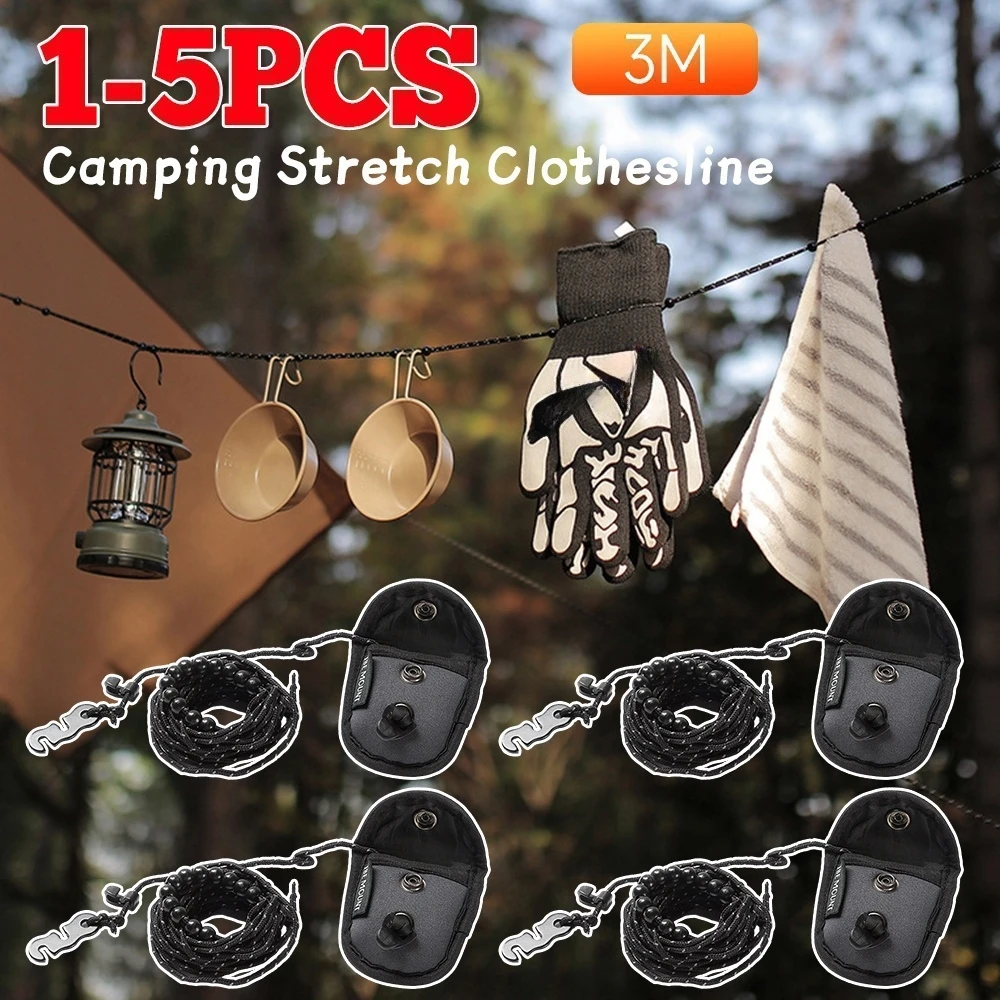 1-5PCS 3M Adjustable Clothesline - Windproof, Beaded Design for Outdoor Camping & Travel For Hanging Laundry Drying
