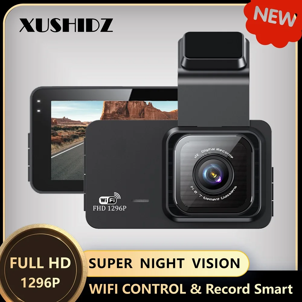 XUSHIDZ 1296P WIFI Dash Camera Dual-Channel Car Camera Vehicle Video Recorder Dashcam Night Vision DVR Parking Monitor G-sensor