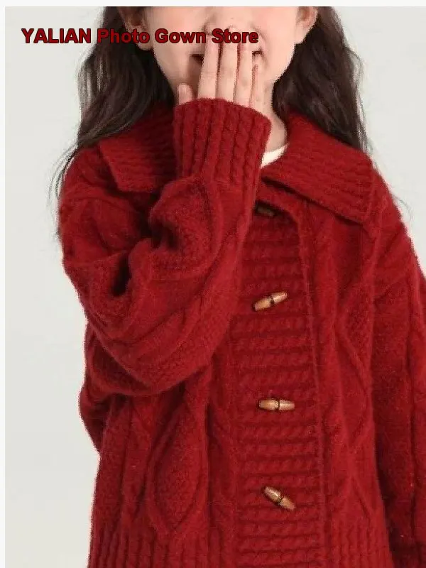 Girls Red Chinese New Year Cardigan Middle-Older Kids Autumn Winter Warm Knit Open Front Coat