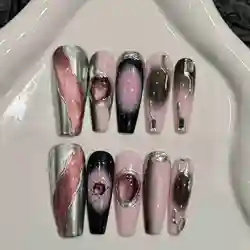 10pcs Y2k Style Handmade False Nails Gradient Pink Black Shiny Diamond Decor Press On Nail Long Ballerina Reusable Fake Nails