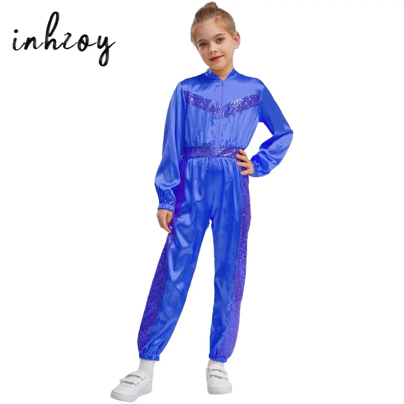

Kids Girls Hip-Hop Dance Costume Shiny Sequins Satin Jumpsuit Long Sleeve Zipper Bodysuit for Party Stage Performance Streetwear