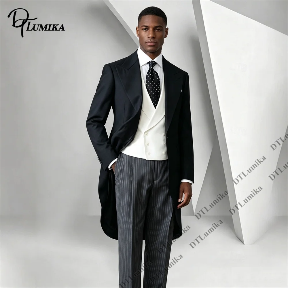 Black Tailcoat 3 Piece Men Suit White Double Breasted Vest Pinstripe Pants Formal Outfit Wedding Opera Royal Banquet Dtlumika
