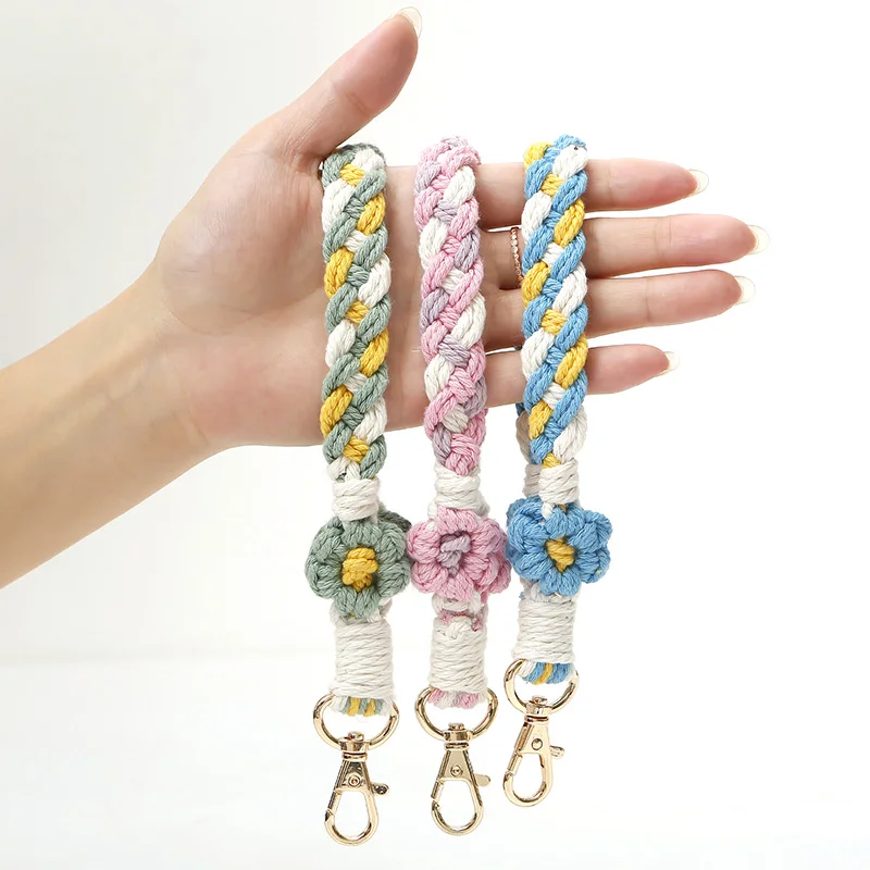 Hand Crocheted Lanyard Key Chain Bohemian Flower Anti-lost Wrist Strap For Mobile Phone Bag Pendants Macrame Gift Accessories