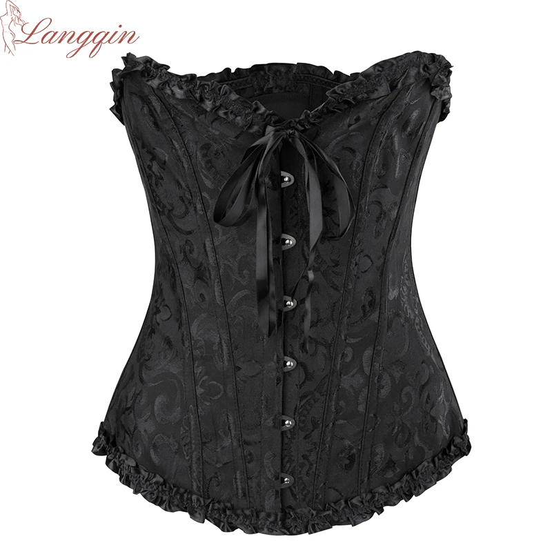 Women Vintage Victorian Corset Overbust Basques Floral Lace Top Bustier Plastic Bones Korset  Waist Bustier Top Corselet