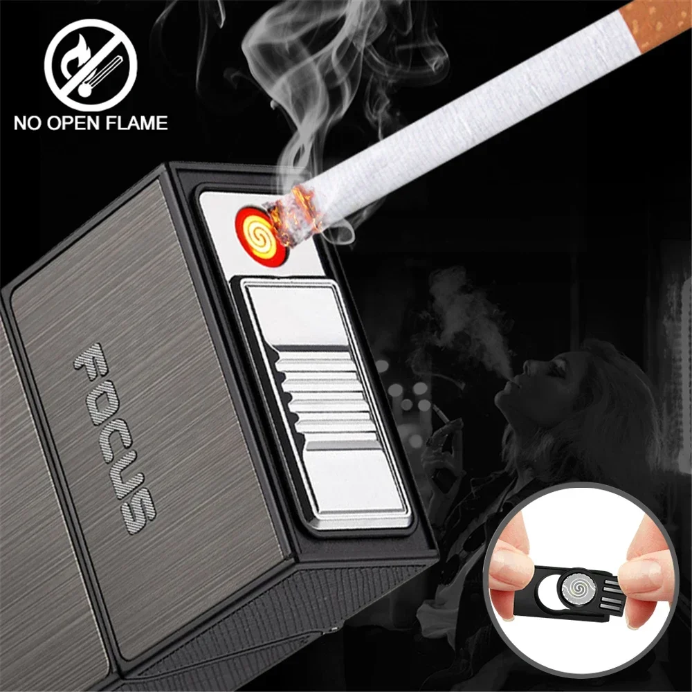 Cigarette Case With USB Rechargeable Lighter Windproof Cigarette Lighter Hold 20pcs Cigarettes Cigar Tobacco Holder Box Men Gift