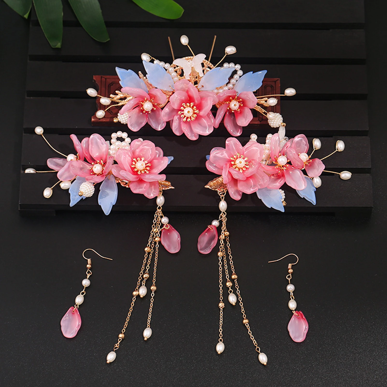 Chinesische Hanfu Haar Stick Haarnadel Ohrringe Haar Zubehör Set Lange Fransen Vintage Haarnadel Blume Handgemachte Hochzeit Haar Schmuck