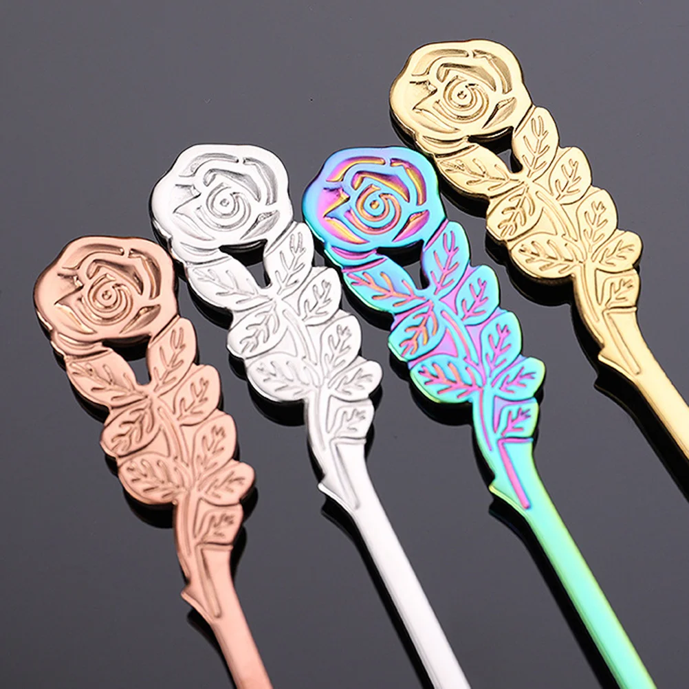 

3Pcs Stainless Steel Small Round Spoon Mini Coffee Dessert Spoon Rose Handle Mirror Surface Creative Flatware for Home