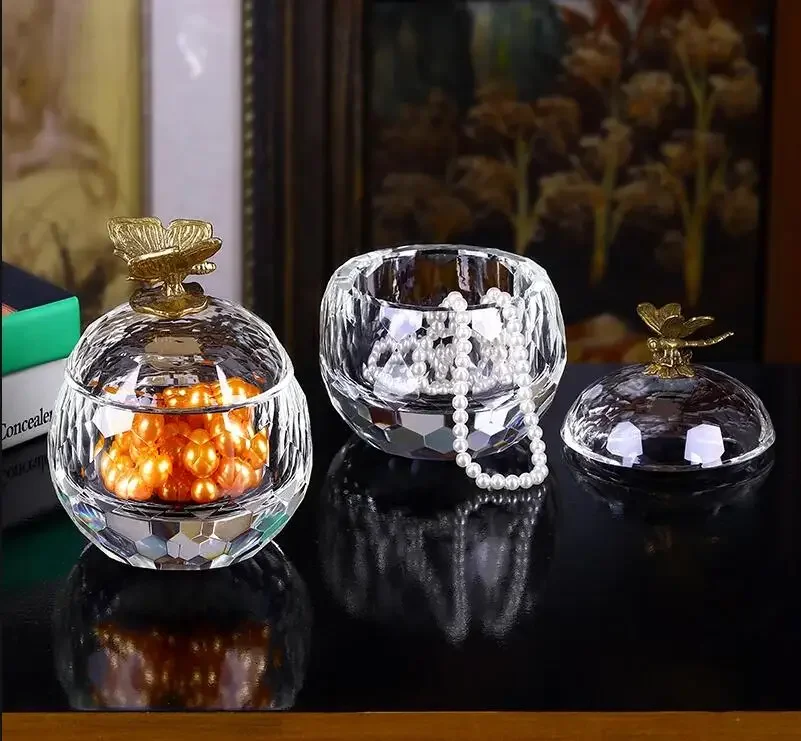 

Crystal Glass Storage Jar with Lid Creative Candy Jar Living Room Desktop Decoration Light Luxury Ring Necklace Jewelry Box