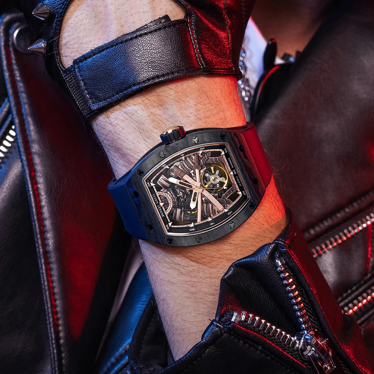 BONEST GATTI ผู้ชายนาฬิกาอัตโนมัติ 42 มม.* 54 มม.Tonneau นาฬิกาข้อมือ Luminous คาร์บอนไฟเบอร์ BEZEL Luminous Skeleton Ninja Dial