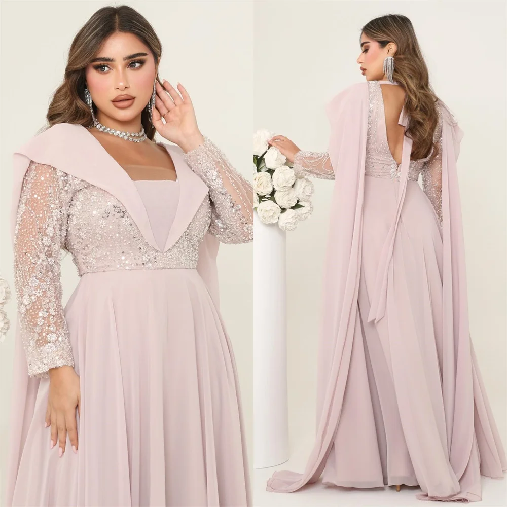 

Formal Gown Evening Saudi Arabia Dearin Square Collar A-line Floor Length Sequin Open Back Skirts Draped Ribbon Bespoke Occasion