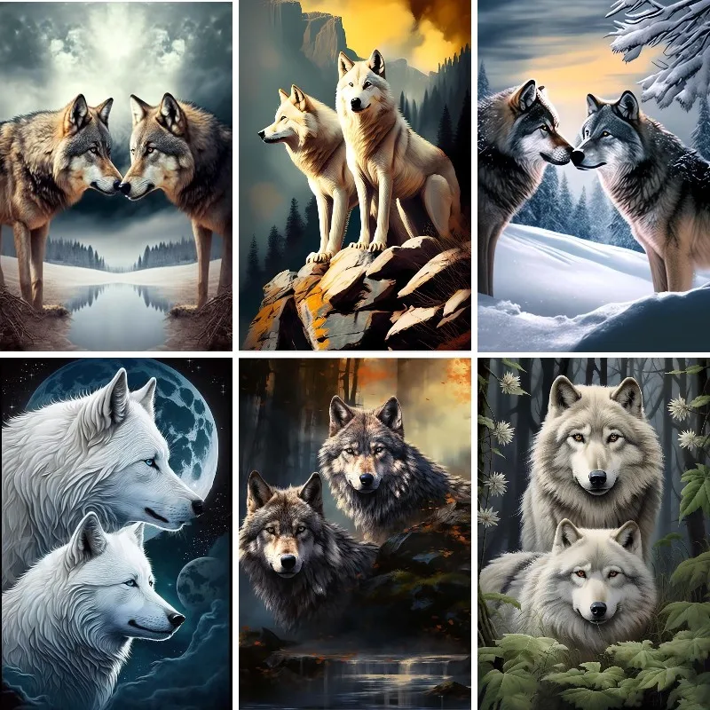 Full Diamond Painting Two Wolves 5D DIY Diamond Embroidery Kit Wild Wolf Rhinestone mosaic Cross Stitch Gifts KBL