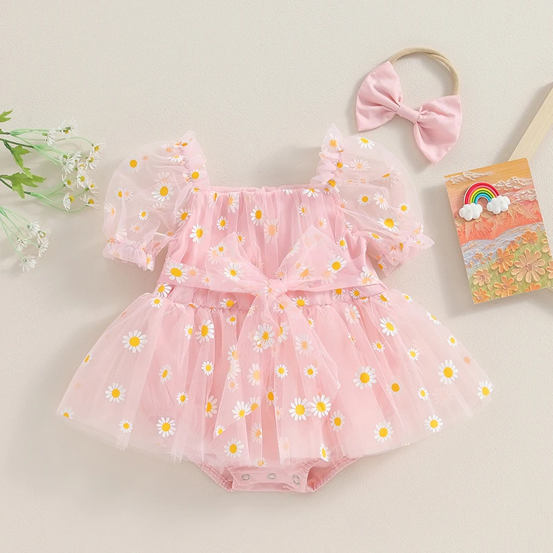 2Pcs Baby Girl Romper Dress Summer Outfits Short Puff Sleeve Daisy Print Romper Mesh Tulle Dress with Headband Cute Set