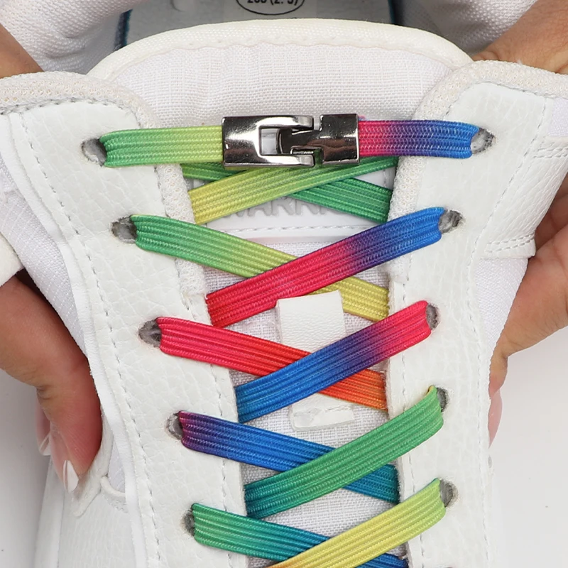 Rainbow Elastic Laces Sneakers Metal Cross Lock No Tie Shoelace Kid Adult Lazy Quick Lace Rubber Band Shoestring Sport Shoe Lace