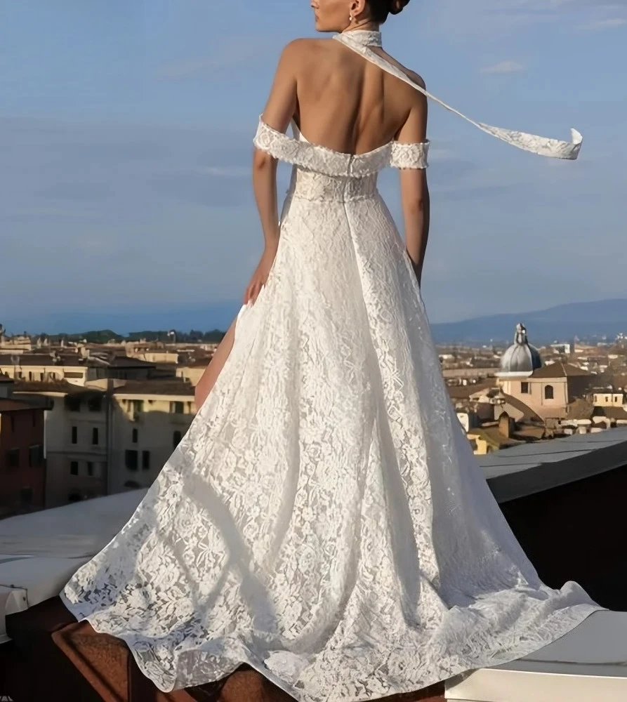 Customized Chic Halter Scarf Off Shoulder Lace A Line Wedding Dress High Slit Zipper Back Sweep Train Floor Elegant Bridal Gown
