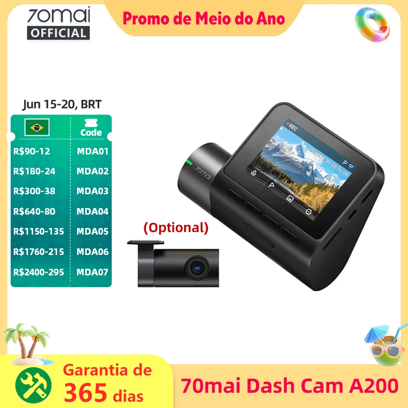 70mai Dash Cam A200 2 '' Tela LCD 70mai A200 Carro DVR1080P Gravador Automático 24H Suporte de Estacionamento 130 °   Gravação de canal duplo FOV