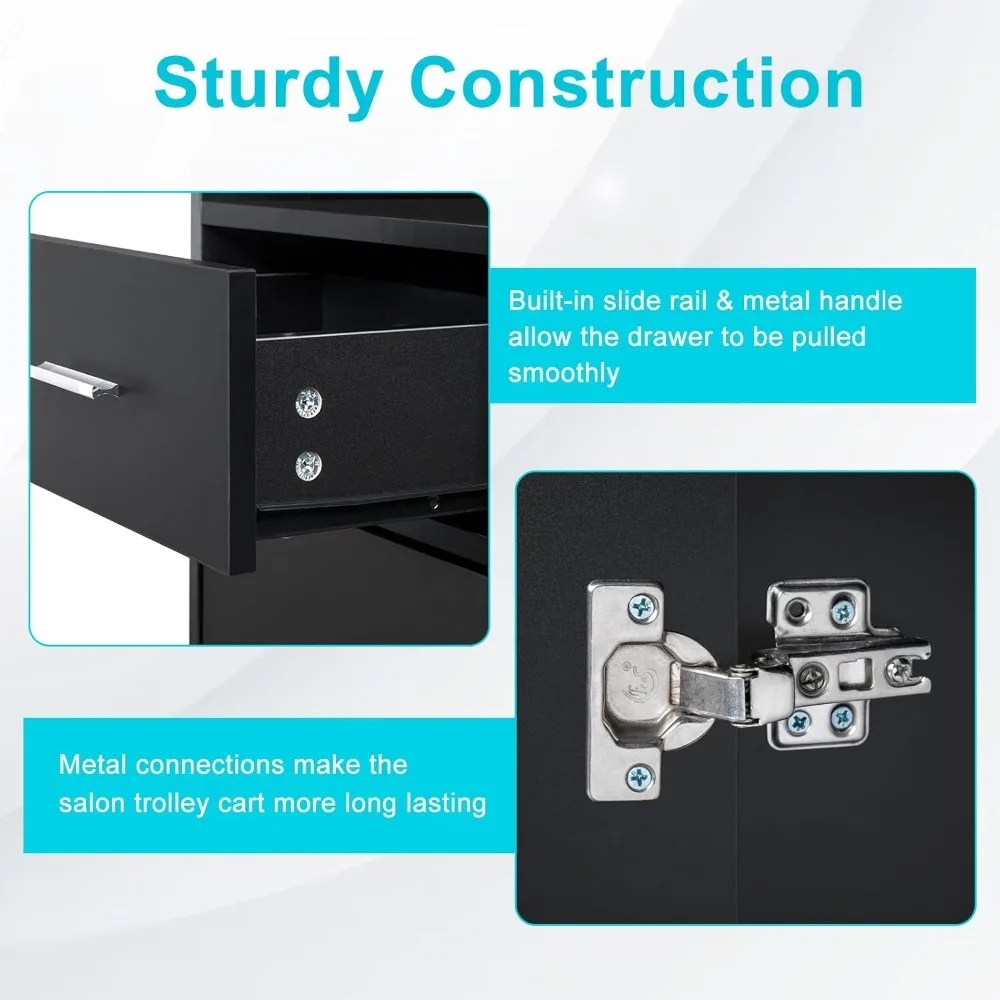 عربة ترولي لصالونات التجميل، خزانة صالون بزاوية 360 درجة °   عجلات، 6 حاملات أدوات، درج واحد، عربة دوارة لمحطة الصالون للشعر