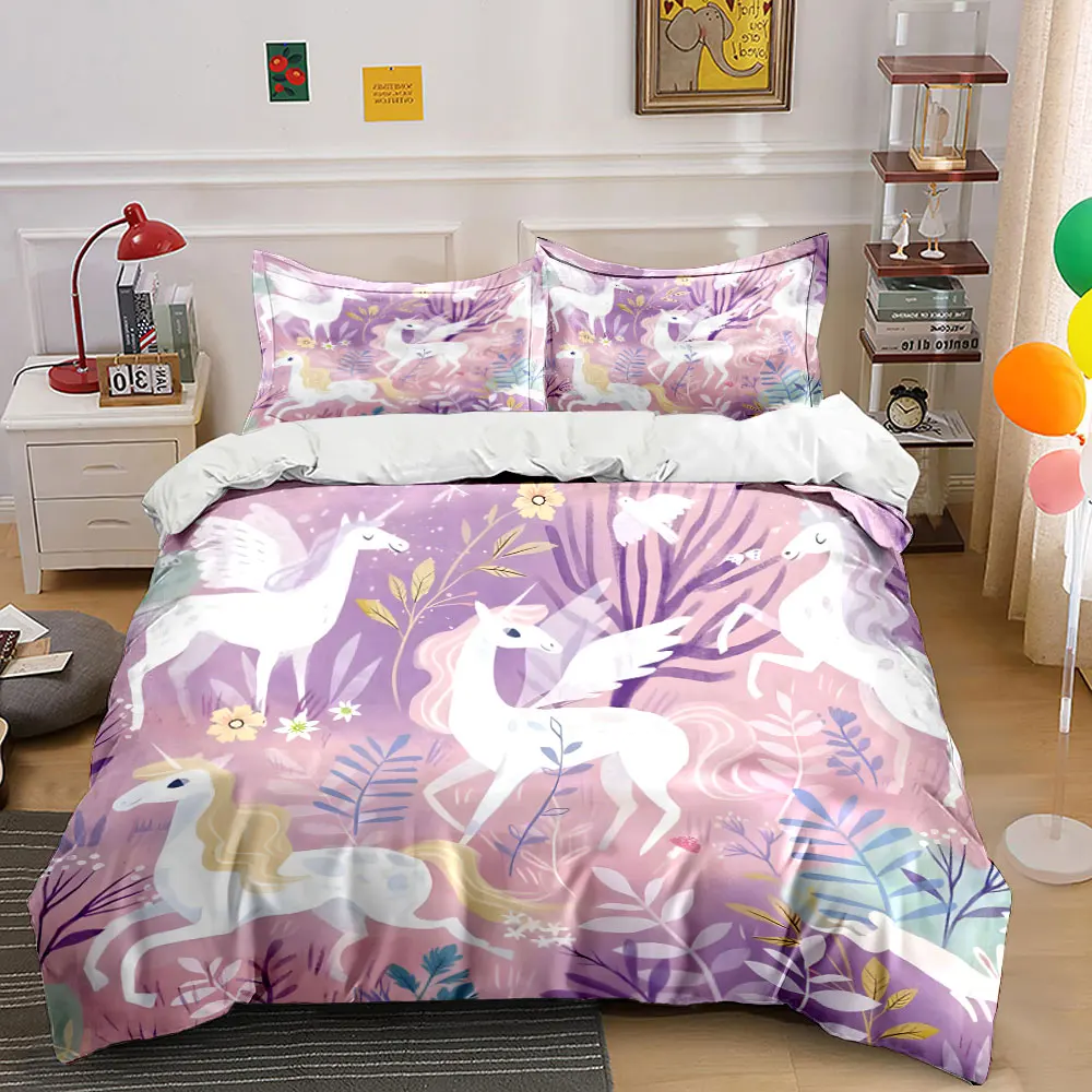 Dreamy Pegasi and Unicorn Forest Print Bedding Set 1 Duvet Cover 2 Pillowcases for Adult and Children Luxury Gift Full Size