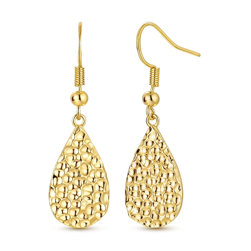925 Sterling Silber Vergoldete Gehämmerte Tropfenförmige Hängeohrringe für Frauen und Mädchen, Mühelose Schönheit Modeschmuck Geschenk