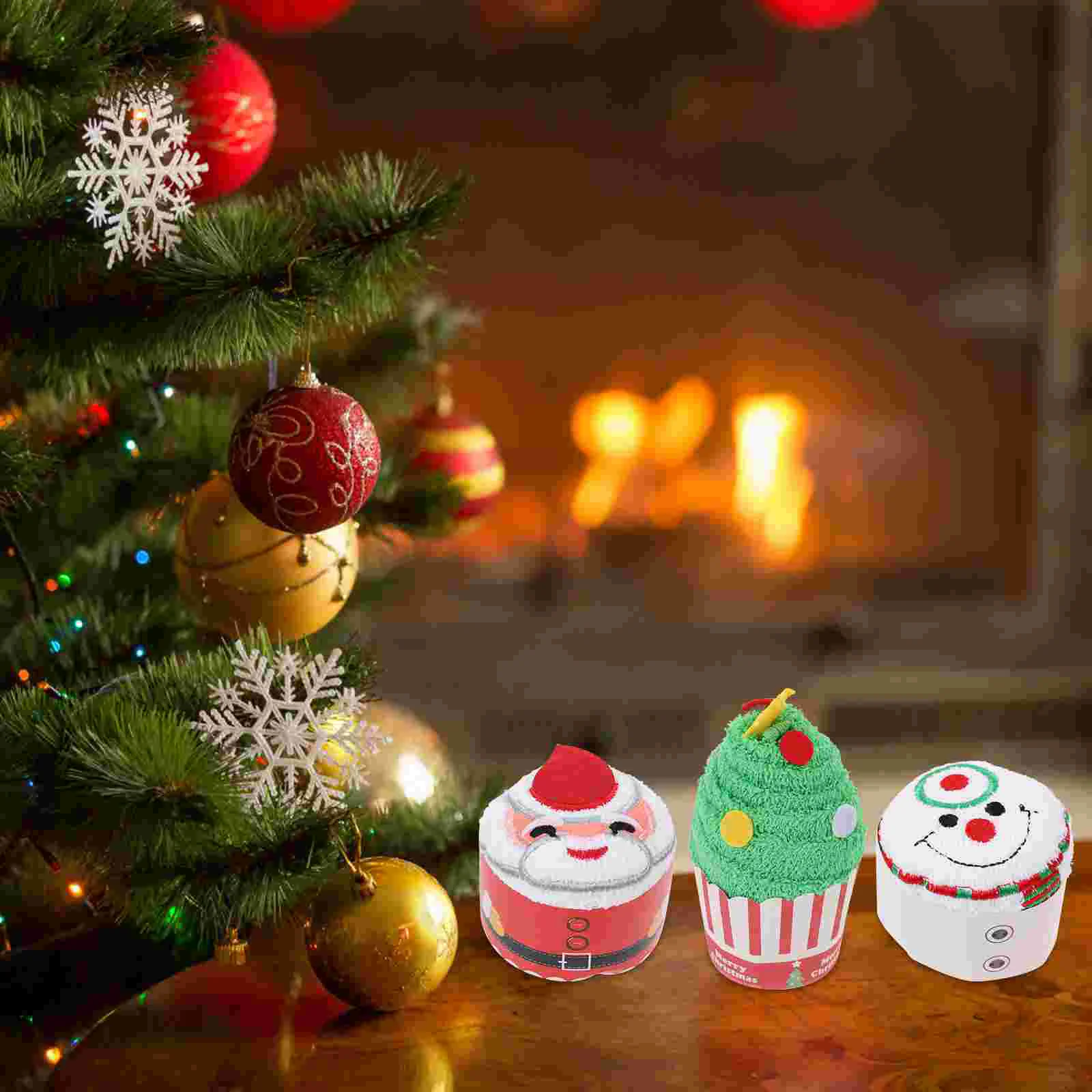 3 Pcs Christmas Towel Towels Bathroom Pure Cotton Holiday Dish Cupcake Modelling Washcloth