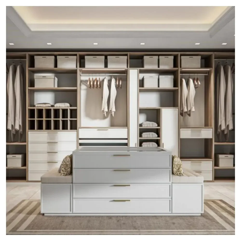 Classic High Quality Custom Walk In Bedroom Large Space Wardrobe Solid Wood Clothes Storage Closet with Multifunctional Island