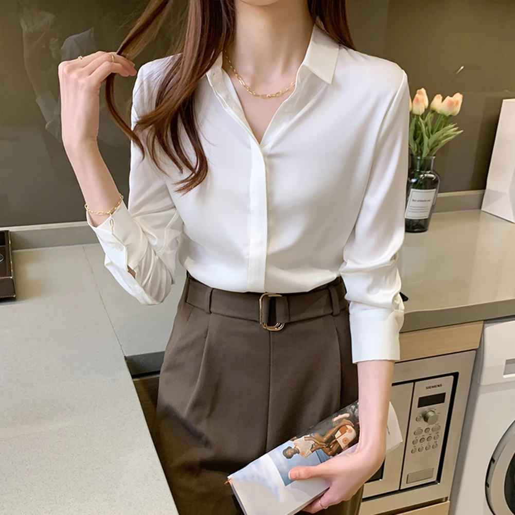 

Womens New Versatile Satin Long-sleeved Shirt Fashion Casual Chiffon Shirt Top