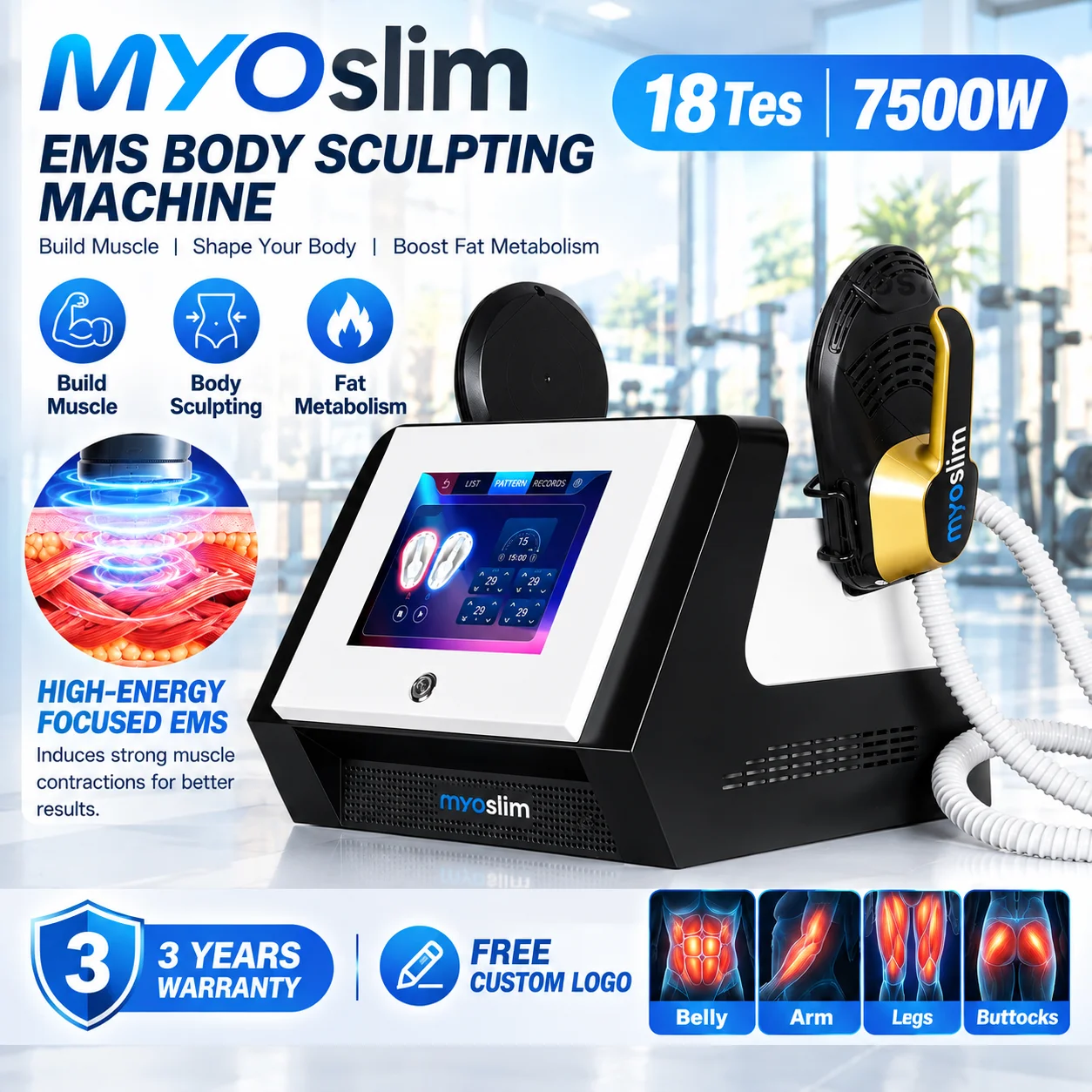 MYOslim Muscle Fitness Sculpting Machine Slimming Fat Removal Weight Loss Stimulating Beauty Salon Equipment with 2 Handles