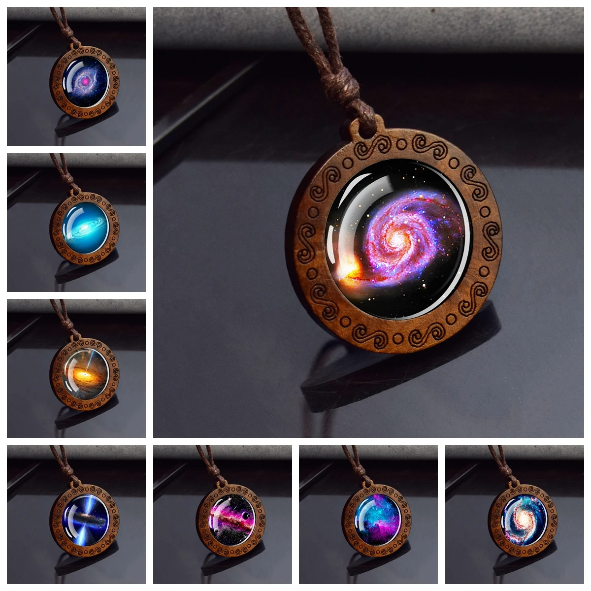 Spiral Galaxy Planet Necklace Wooden Pendant Rope Chain Necklace Nebula Space Jewelry Astronomy Gift