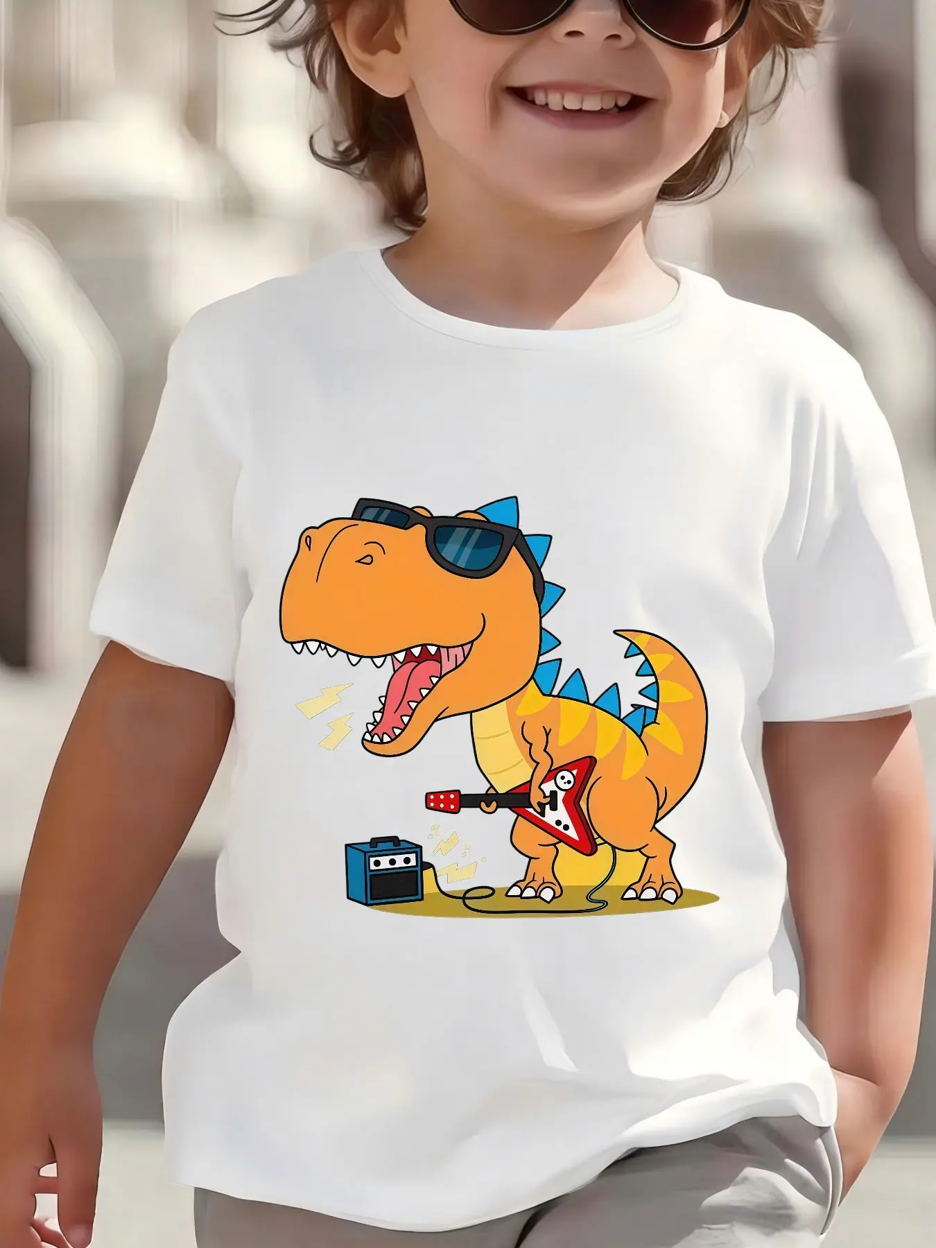 Kids Boys Girls Family Matching T Shirt Cool Rock Dinosaur Guitar Graphic Print Short Sleeve Crew Neck Soft Daily Party Wear Tee