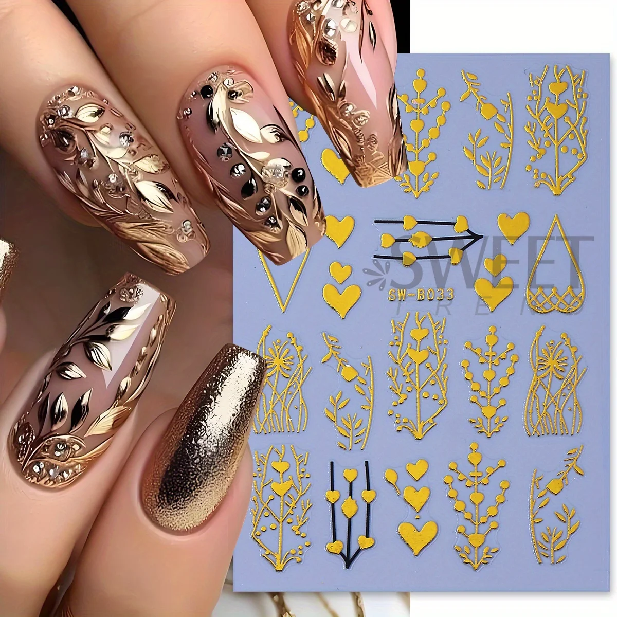 Autocollants pour ongles en forme de cœur métallique, 4 pièces, Laser bronzant, or Rose, feuille de plante, paillettes, décalcomanie adhésive, vie Simple, curseur de manucure chic