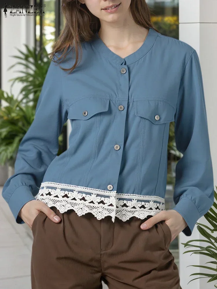 ZAZNEA Women Stylish Shirts Autumn Long Sleeve Tunic Tops Buttons Casual Blouse Lace Patchwork Loose Streetwear Blusas Cardigans