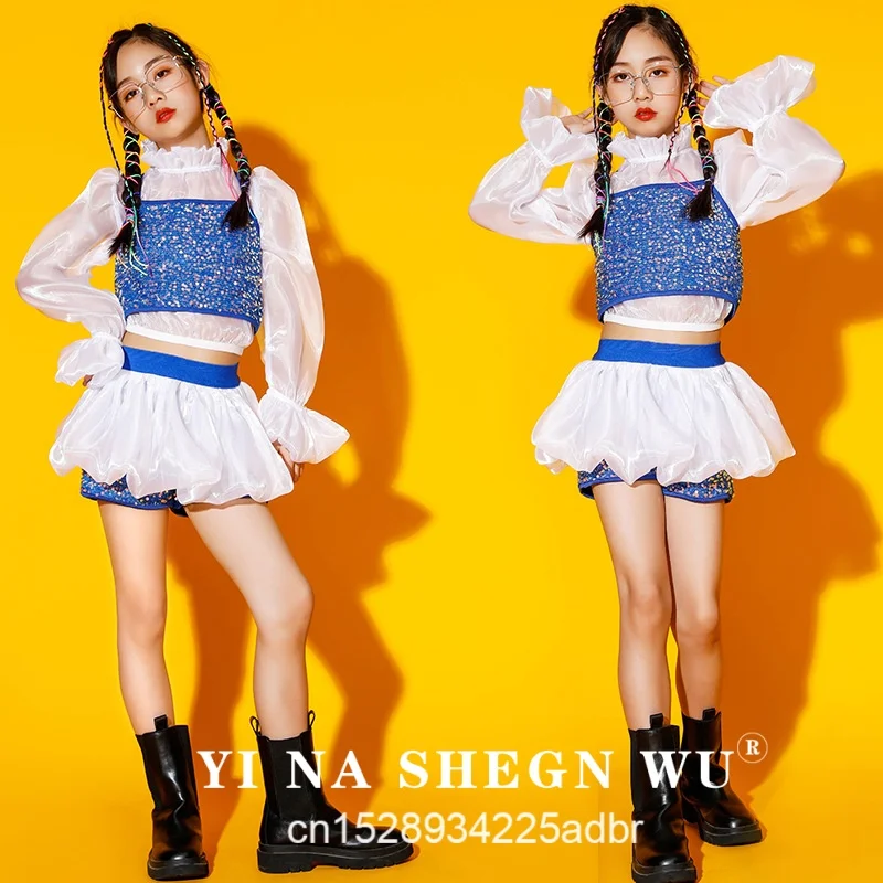 Kid Jazz Clothes Long Sleeve Tops Blue Sequin Vest HipHop Practice Clothing Girls Street Dance Stage Performance Costume