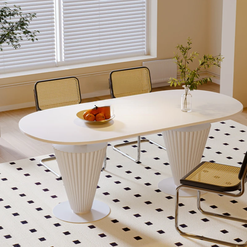 French Cream Style Stone Plate Oval Dining Table Small Apartment Home Pure White Roman Column Dining Table