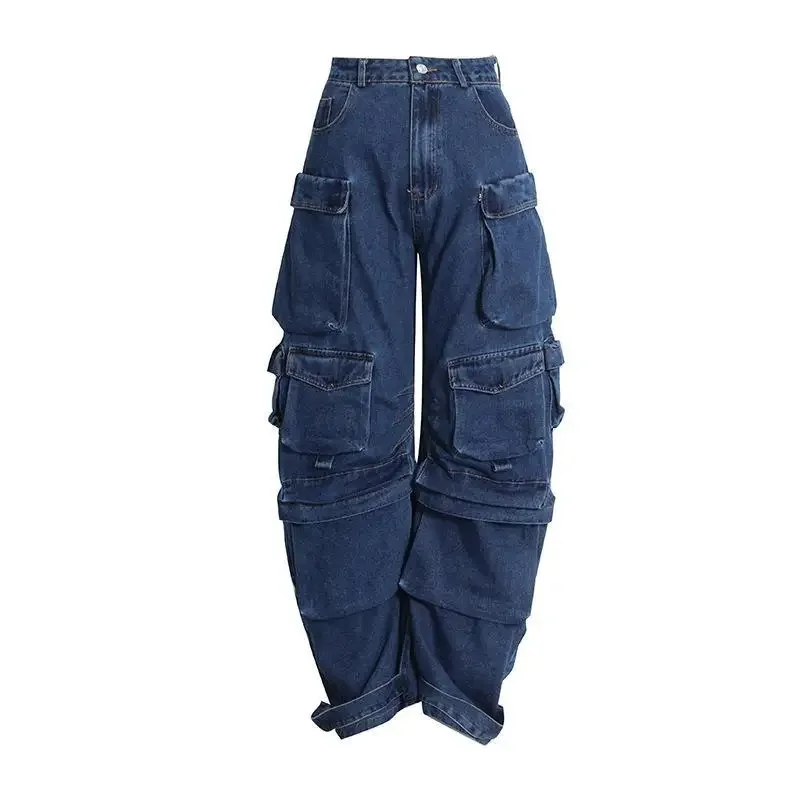 2024. Damskie dżinsy z wysokim stanem Cargo Spodnie Street Vintage Distressed Wash Baggy Casual Wide Leg Odzież damska