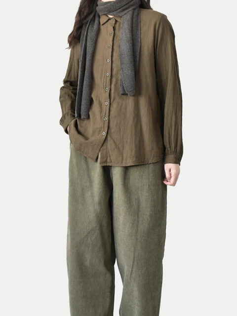 

Ретро-рубашка с длинным рукавом из хлопка и льна, повседневная, для работы, весна-осень, мягкая, из хлопка и льна, фиолетово-зеленая, в клетку, с отложным воротником, кофта.