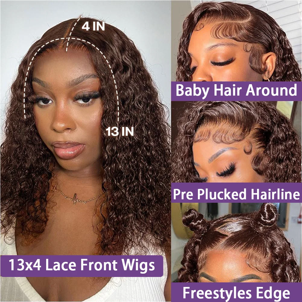 Short Kinky Curly Bob Wig 13x4 Lace Frontal Deep Wave 100 Human Hair Wigs 4#Chocolate Brown Pre Plucked Natural Remy Wig 12 inch