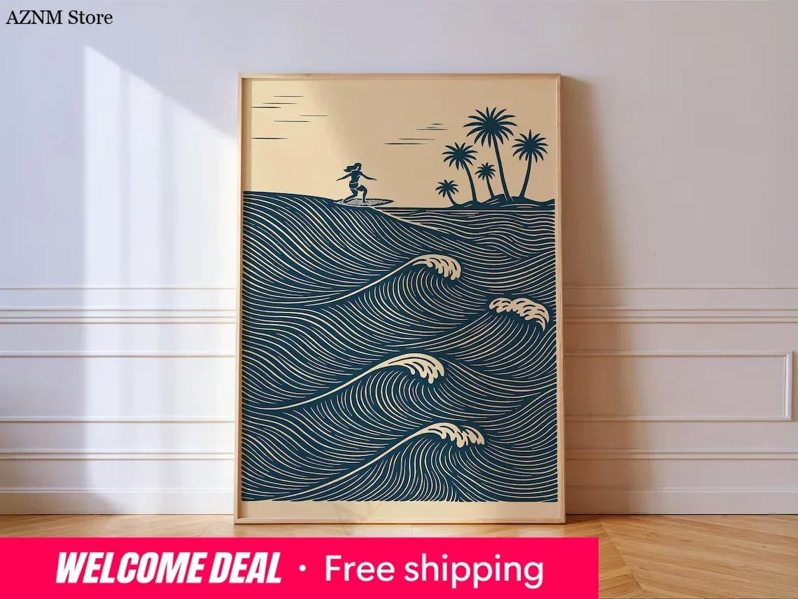 Tropical Surfer Waves Poster | Navy Linocut Ocean Print | Coastal Beach House Wall Art