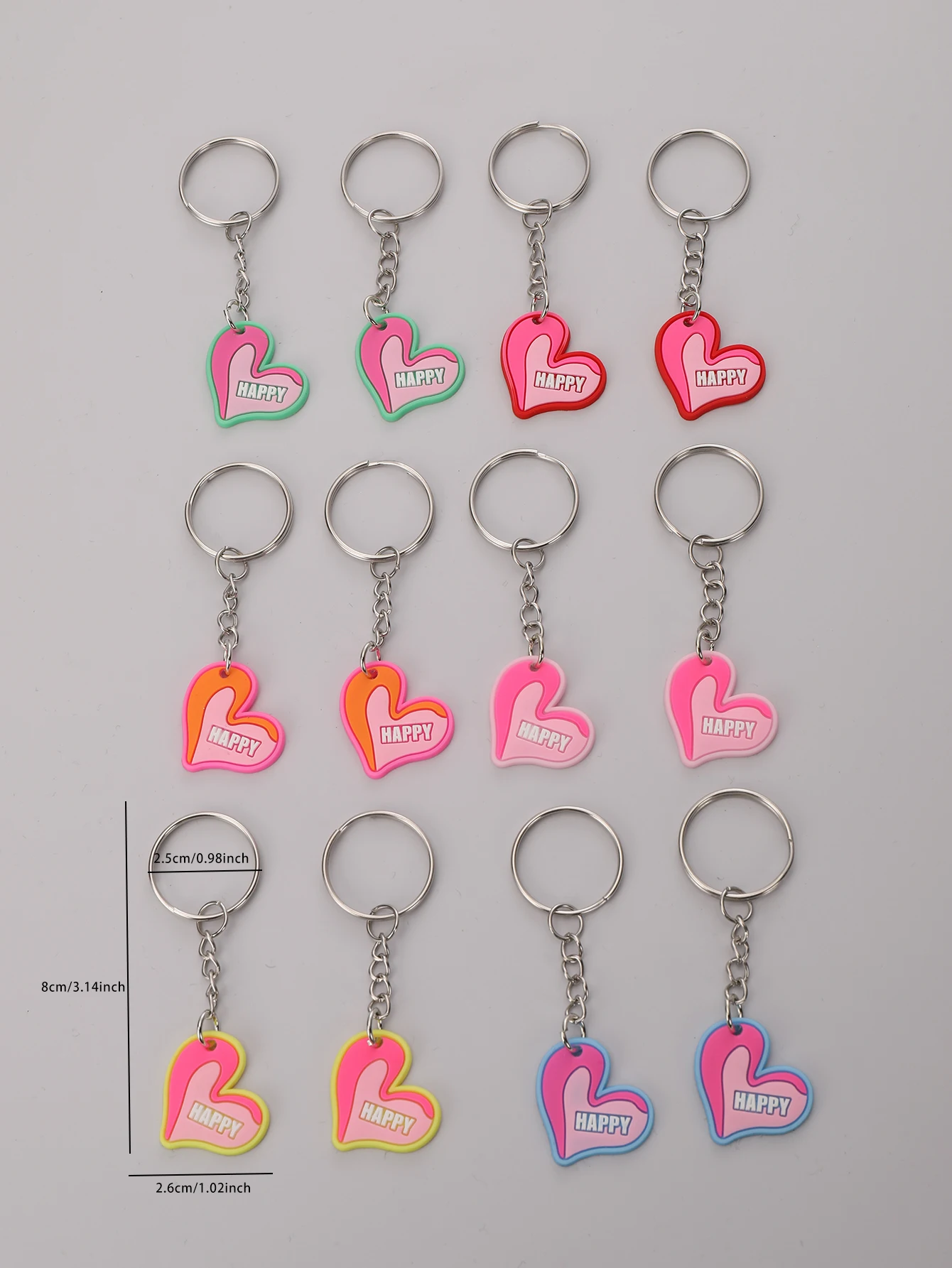 12pcs Letters Happy Heart Keychain Cute Pink PVC Key Chain Ring Bag Backpack Charm Birthday Valentine\'s Day Party Decor Gift