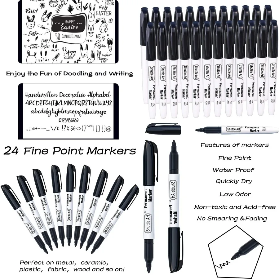 

Shuttle Art 24 Black Permanent Markers Fine Tip Markers Ideal for Doodling Coloring and Marking on Plastic Wood Stone Metal and