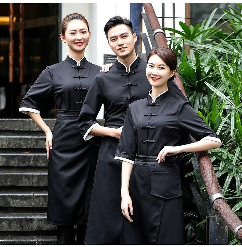 Ristorante cinese Chef Uniforme Cameriere Vestiti Tradizionale Tang Suit Cuoco Camicia a mezza manica Grembiule unisex Donna Uomo Tinta unita