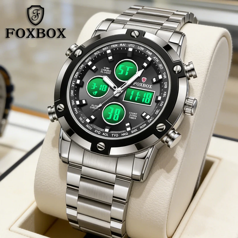 

FOXBOX 2026 New Digital Mens Watch Fashion Dual Display Quartz Wristwatches Sport Waterproof Steel Luxury Watches Men Gift Reloj