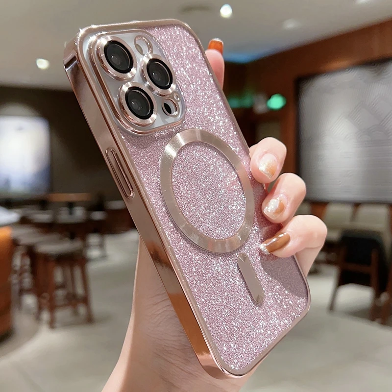 Luxury Electroplate Magsafe Wireless Charge Phone Case For iPhone 15 14 13 12 11 Pro Max Plus Soft Bumper Glitter Cover Case