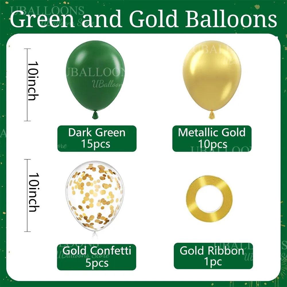 30pcs Gold Green Balloons 10'' Chrome Gold Confetti Dark Green Balloons for Birthday Wedding Safari Wild One Baby Shower Decor view 2