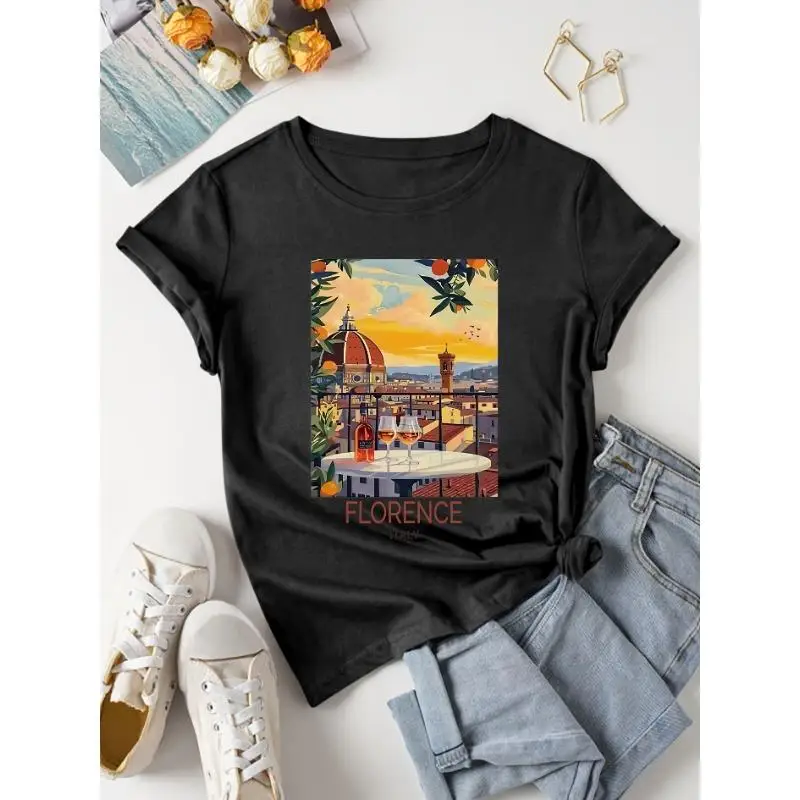 

Women's Casual Short Sleeve T-Shirt - Italian Florence Townscape Print With Sunset Red Wine & Lemon Design, Round Neck Relaxed