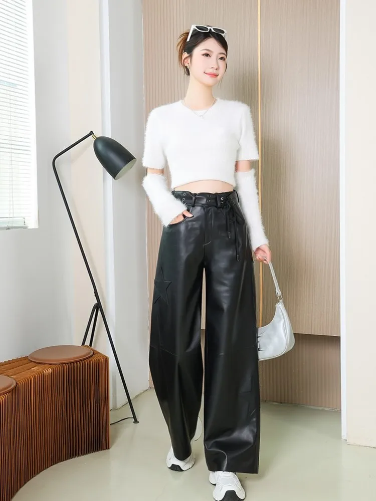 Women Genuine Leather Pants Lace Up High Waist Casual Wide Leg Trousers Loose Fit Hip Hop Real Sheepskin Straight  Pants S-4XL