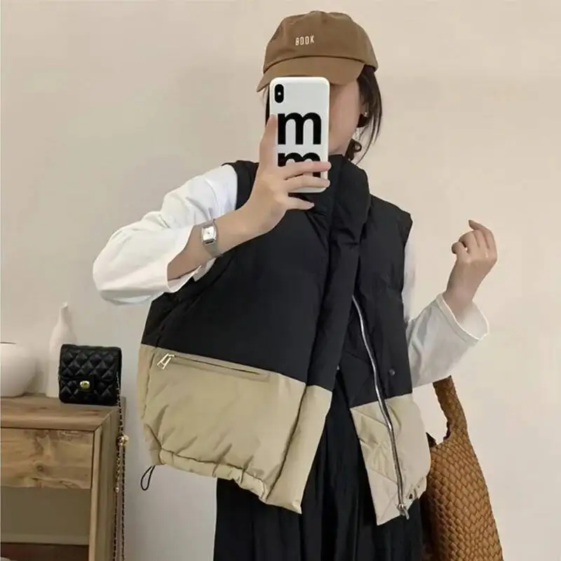 

Autumn Winter Fashion Sleeveless Padded Vest Women Korean Patchwork Half High Collar Coats Woman Contrast Color Warm Tops Coat