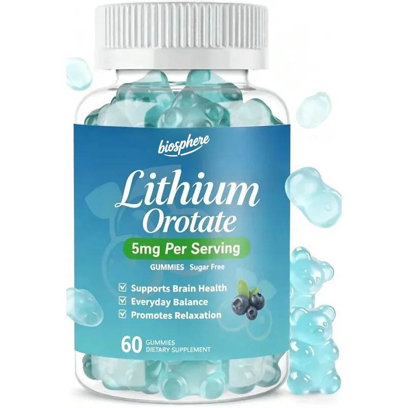 5mg lithium orotate gummies, cognitive health supplement, vegan, blueberry flavor, 60 gummies